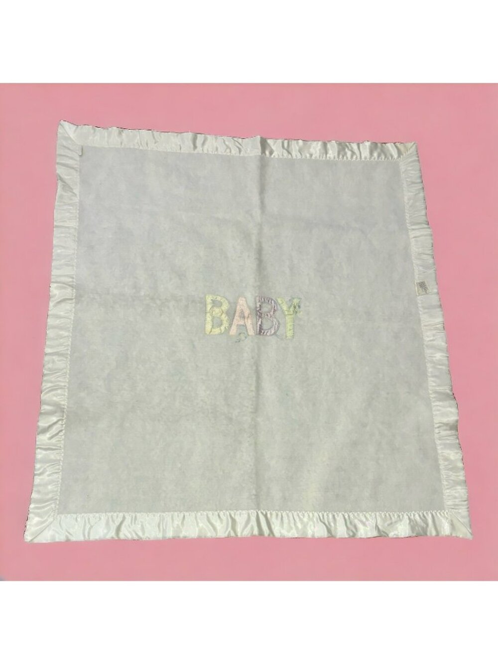 Vintage Quiltex Fleece Embroidered BABY Applique Blanket Satin Trim UNION MADE